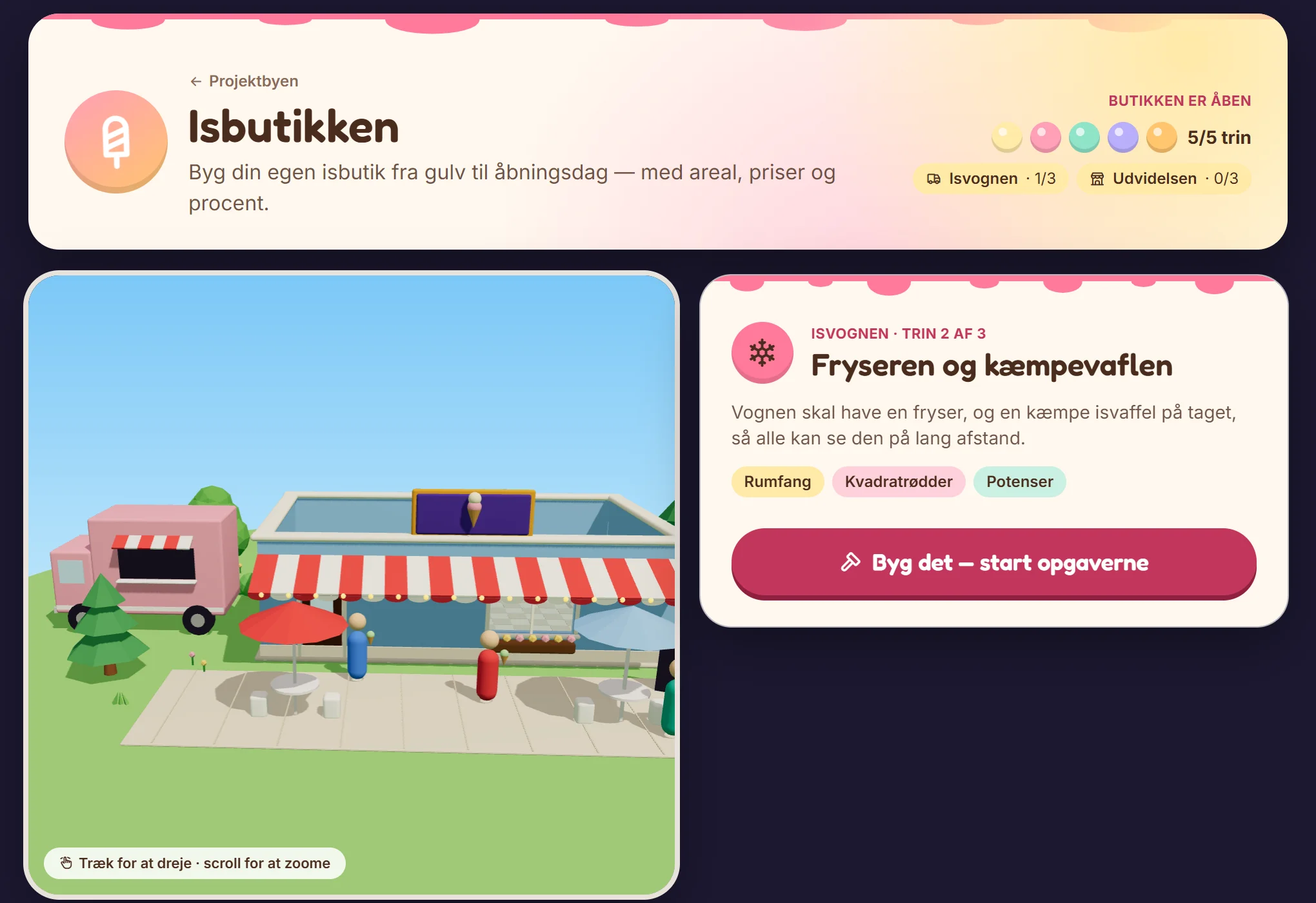 Isbutik-byggeren med 3D-model af butikken og næste byggetrin